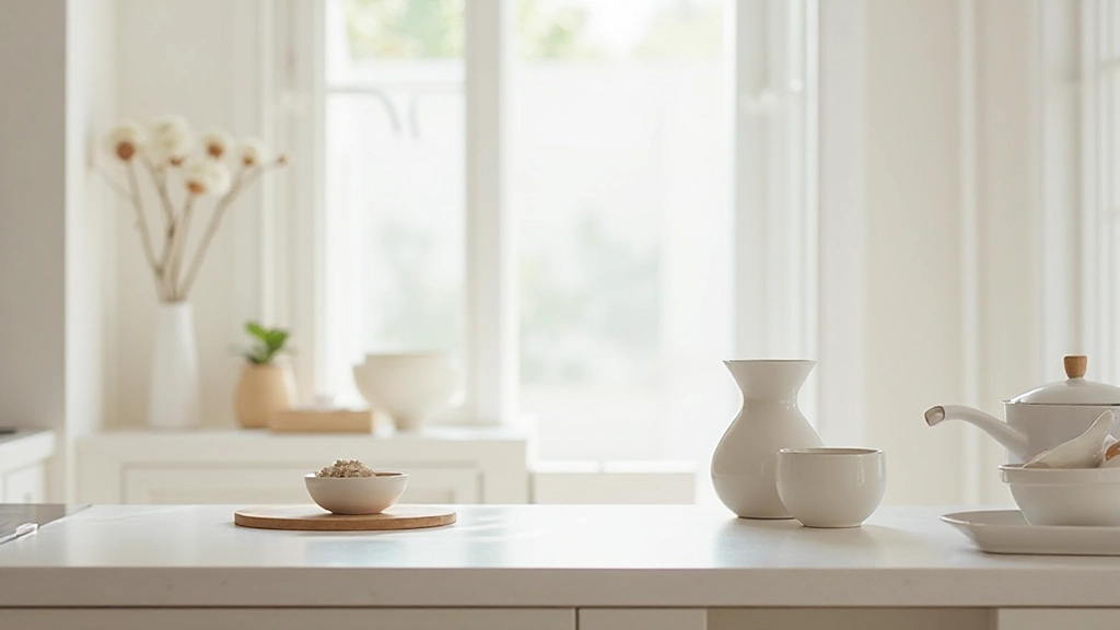 キッチンカウンター、シンプルな調理器具、白い壁、自然光が差し込む、整然とした空間