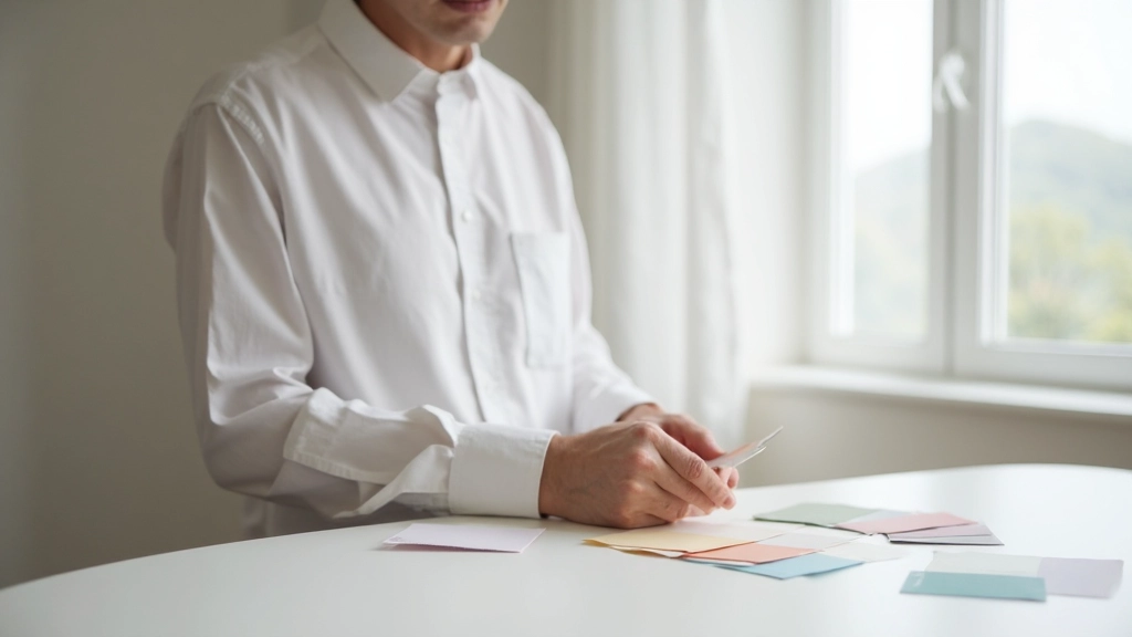 色見本カードが並べられたテーブル、様々なベージュとグレーのトーン、自然採光