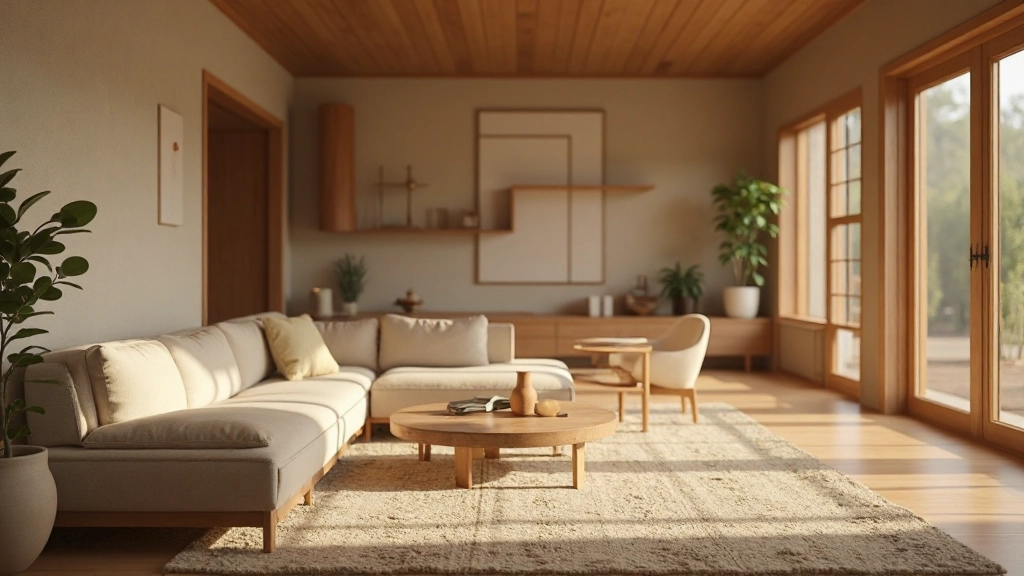 木製フローリング、石造りの暖炉、自然素材の家具が配置された落ち着いた居間