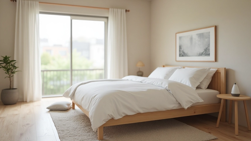 ミニマリストリビング、グレーのソファ、ベージュの壁、白い棚、観葉植物の緑が映える空間